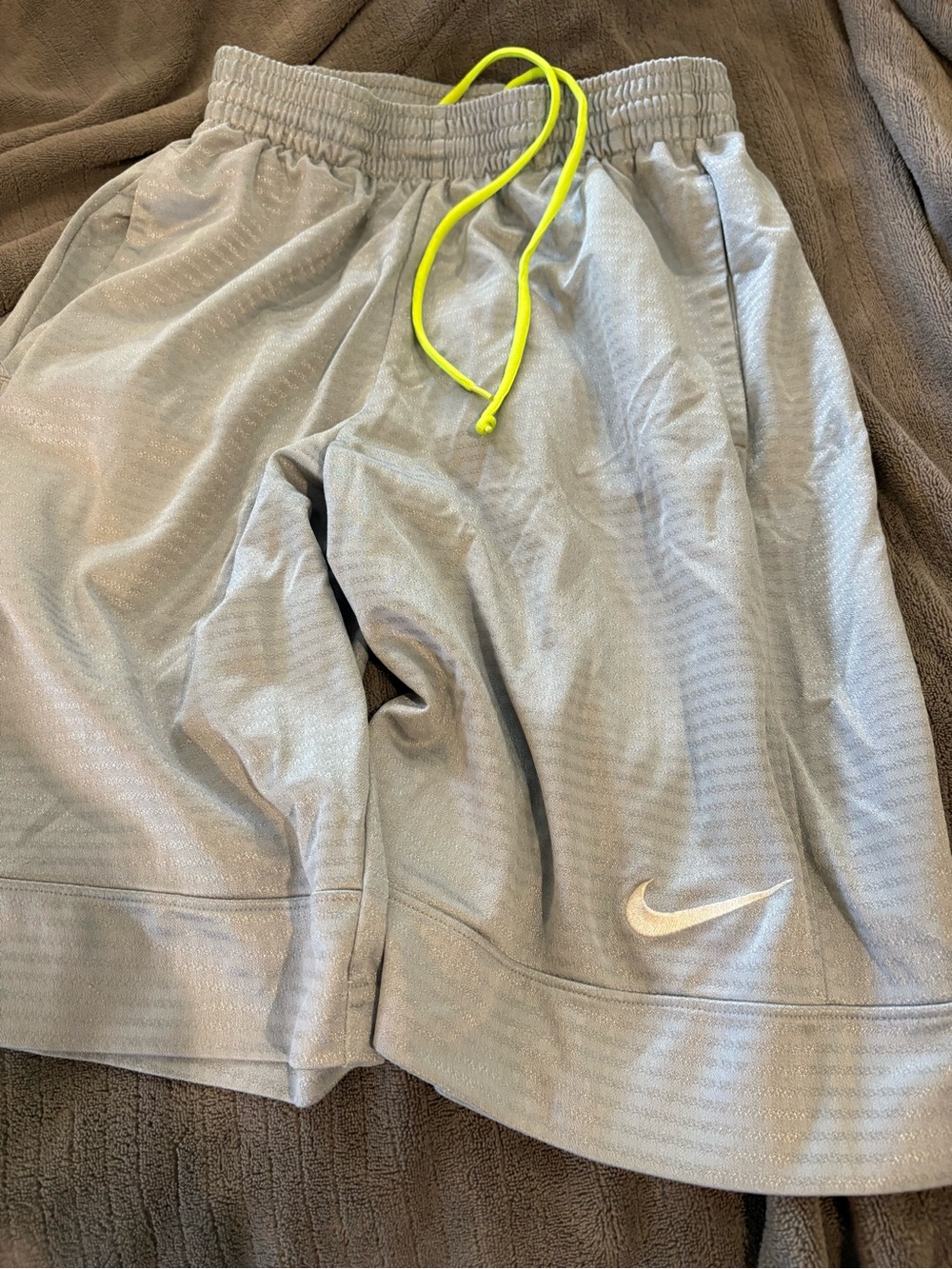 Nike Men’s Gray Athletic Shorts with Neon Yellow Drawcord